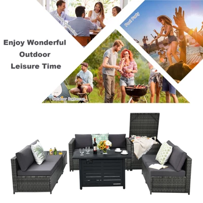 Tangkula 9 PCS Rattan Dinning Set Wicker Sofa W/Propane Gas Fire Pit 60,000 Btu Heater 4 Tangkula 9 PCS Rattan Dinning Set Wicker Sofa W/Propane Gas Fire Pit 60,000 Btu Heater - Image 4