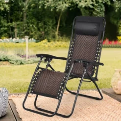 Tangkula Brown Folding Recliner Patio Rattan Zero Gravity Lounge Chair With Headrest