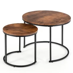 Tangkula 2PCS Stacking Metal Legs Modern Side Round Nesting Coffee Table W/ Wooden Tabletop For Living Room Rustic Brown/Brown -Tangkula GUEST 5f048030 cf68 45cf 80fc 3f89aaaaddcf