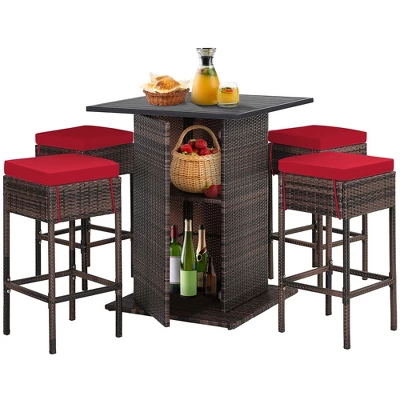 Tangkula Tangkula 5PCS Patio Bar Set Rattan Bar Furniture Set W/ Table & 4 Cushioned Stools Red 10 Tangkula Tangkula 5PCS Patio Bar Set Rattan Bar Furniture Set W/ Table & 4 Cushioned Stools Red - Image 10