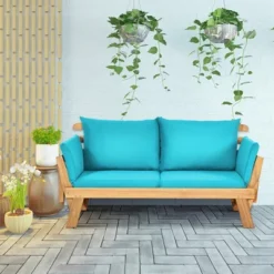 Tangkula Adjustable Patio Sofa Daybed Acacia Wood Furniture W/ Navy & Turquoise Sets Cushion