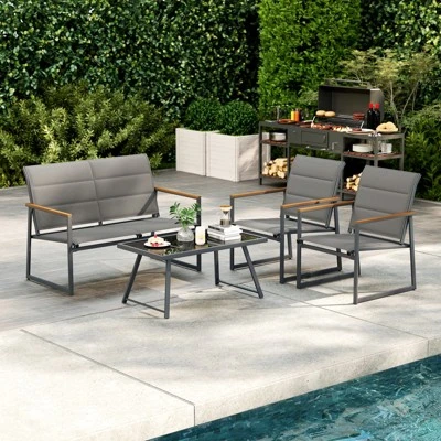 Tangkula 4 Piece Patio Furniture Set Outdoor Metal Conversation Set W/ Padded Fabric Seat 2 Tangkula 4 Piece Patio Furniture Set Outdoor Metal Conversation Set W/ Padded Fabric Seat - Image 2