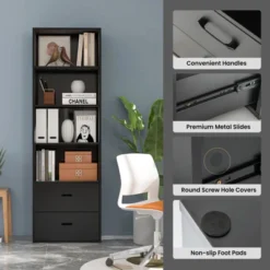 Tangkula 74” Tall Bookcase 4-tier Open Bookshelf With 2 Slide-out Drawers Modern Display Shelf With Anti-toppling Device Multipurpose Wooden Storage Organizer White/Black -Tangkula GUEST 5ff65e49 66c1 48bc 9483 b7ed260a1229