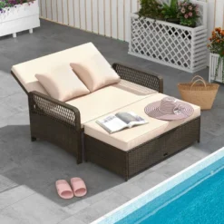 Tangkula Patio Rattan Daybed Wicker Loveseat Sofa W/ Multifunctional Ottoman