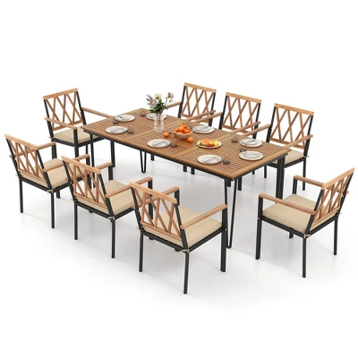 Tangkula 9 PCS Patio Dining Set Rectangular Dining Table W/ Acacia Wood Top Umbrella Hole 6 Tangkula 9 PCS Patio Dining Set Rectangular Dining Table W/ Acacia Wood Top Umbrella Hole - Image 6