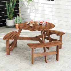 Tangkula 6-Person Round Picnic Table Set W/ 3 Built-in Benches 2" Umbrella Hole