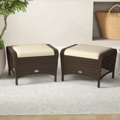 Tangkula 2 Pieces Outdoor Patio PE Wicker Ottomans W/ Removable Cushions Footstools