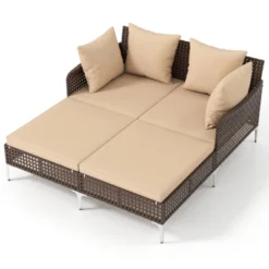 Tangkula Outdoor Rattan Double Daybed Wicker Chaise Lounge For 2 W/ Seat & Back Cushions -Tangkula GUEST 6160e8e8 2427 45c2 9d87 0bcf4c7458c0