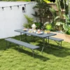Tangkula 3 PCS Folding Picnic Table Set W/ 6 Ft Table & 2 Benches HDPE Tabletop Bench Top Gray