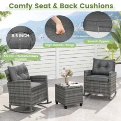 Tangkula Set Of 3 Wicker Rocking Set Patio W/ Tempered Glass Table & Soft Cushions -Tangkula GUEST 6321f001 0f4e 49d8 acd5 97c81e066a9c