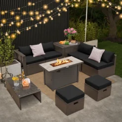 Tangkula 9 Pieces Outdoor Patio Furniture Set With 42" Propane Fire Pit Table Outdoor PE Wicker Space-Saving Sectional Sofa Set Black/Gray/Navy/Red/Turquoise/Off White -Tangkula GUEST 64f245c1 6bbc 4349 9790 d36e4976b237