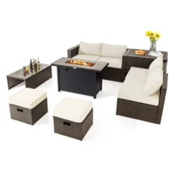 Tangkula 9 Pieces Outdoor Patio Furniture Set With 42" Propane Fire Pit Table Outdoor PE Wicker Space-Saving Sectional Sofa Set Black/Gray/Navy/Red/Turquoise/Off White -Tangkula GUEST 655c539e 175a 4366 ad17 6bce6df77fdb