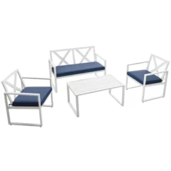 Tangkula 4PCS Patio Furniture Set Outdoor Conversation Set Metal Frame W/ Navy Cushions -Tangkula GUEST 6595cda3 6501 4da1 bede 3e1403cc2017