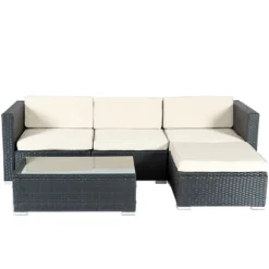 Tangkula 5 PCS Patio Rattan Furniture Set Wicker Table Sofa Garden Outdoor W/ Cushion Black -Tangkula GUEST 65aed43a 6c78 4844 aed1 97ffdad44e63