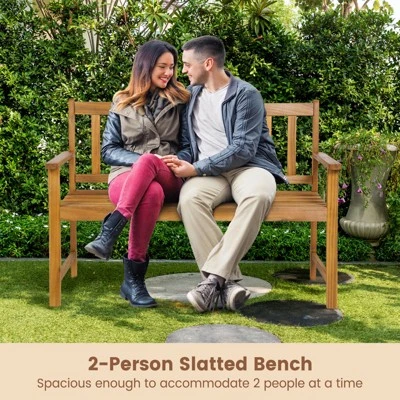 Tangkula 2-Person Outdoor Bench Patio Wooden Bench With Ergonomic Backrest & Armrests All-weather Acacia Wood Frame 48"x 22" 9 Tangkula 2-Person Outdoor Bench Patio Wooden Bench With Ergonomic Backrest & Armrests All-weather Acacia Wood Frame 48"x 22" - Image 9