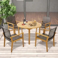 Tangkula 5 PCS Patio Dining Set Round Acacia Wood Table 4 Wicker Armchairs Outdoor Garden