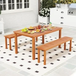 Tangkula Set Of 3 Patio Dining Set Solid Wood Dining Table W/2 Benches 2" Umbrella Hole -Tangkula GUEST 66e27c3e 94ba 45cf a947 f164f6571f4f