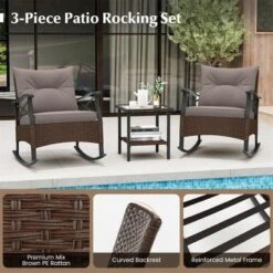 Tangkula 3 Pieces Outdoor Rocking Chairs Set Rattan Heavy Duty Cushioned Rocker Chairs With 2-Tier Tempered Glass Coffee Table -Tangkula GUEST 66f53811 cd91 4557 8186 68fbeeb3bde9