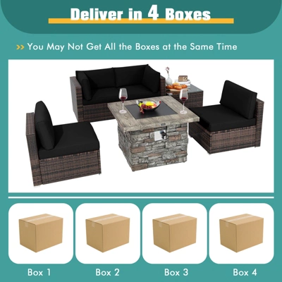 Tangkula Patio Rattan 6PCS Cushioned Sofa Set Furniture Set Thick Cushion With 34.5" Fire Pit Table For Garden Black/Blue/Red/Turquoise/Off White 9 Tangkula Patio Rattan 6PCS Cushioned Sofa Set Furniture Set Thick Cushion With 34.5" Fire Pit Table For Garden Black/Blue/Red/Turquoise/Off White - Image 9