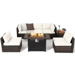 Tangkula 7PCS Patio Rattan Furniture Set 42" Fire Pit Table W/ Cover Cushioned -Tangkula GUEST 679eed14 de7f 4c18 9bd8 338c45e9c1a3