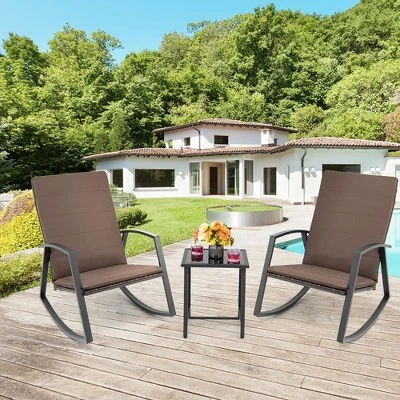 Tangkula 3PCS Rattan Bistro Rocking Chair Set Patio Furniture Set W/ Cushions 1 Tangkula 3PCS Rattan Bistro Rocking Chair Set Patio Furniture Set W/ Cushions