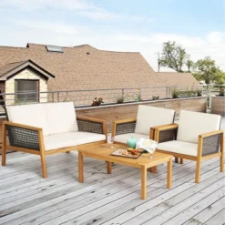 Tangkula 4PCS Patio Acacia Wood Furniture Set PE Rattan Conversation Set W/ Off White Cushions 12 Tangkula 4PCS Patio Acacia Wood Furniture Set PE Rattan Conversation Set W/ Off White Cushions -Tangkula GUEST 67cc96da ac23 4f50 8880 b1adf93bdf95 1