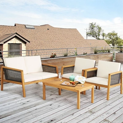 Tangkula 4PCS Patio Acacia Wood Furniture Set PE Rattan Conversation Set W/ Off White Cushions 3 Tangkula 4PCS Patio Acacia Wood Furniture Set PE Rattan Conversation Set W/ Off White Cushions - Image 3