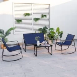 Tangkula 4 Piece Rocking Bistro Set Patio Furniture Set W/ Loveseat 2 Rocking Chairs Navy