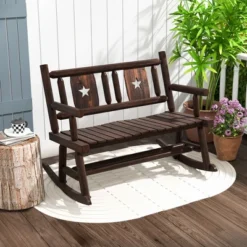 Tangkula Outdoor Carbonized Wood Rocking Bench Double Rocking Chair For 2 Persons W/ Wide Curved Seat -Tangkula GUEST 684a2a99 e0bb 4922 aac2 a1b36927103f
