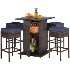 Tangkula Tangkula 5PCS Patio Bar Set Rattan Bar Furniture Set W/ Table & 4 Cushioned Stools Navy 19 Tangkula Tangkula 5PCS Patio Bar Set Rattan Bar Furniture Set W/ Table & 4 Cushioned Stools Navy -Tangkula GUEST 684fa188 7551 40fd ae37 890d574ebe18