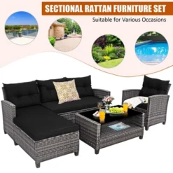 Tangkula Set Of 4 Rattan Furniture Set Sofa Ottoman Cushion Garden Deck Patio Black -Tangkula GUEST 68edcda5 ae95 452c 88d3 7debd80c5240