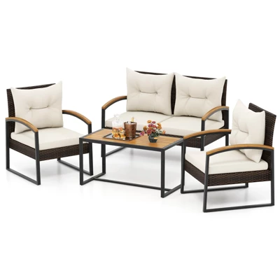 Tangkula 4 Piece Patio Conversation Set With Heavy Duty Solid Acacia Wood Armrests & Tabletop Outdoor Cushioned Wicker Furniture Set 4 Tangkula 4 Piece Patio Conversation Set With Heavy Duty Solid Acacia Wood Armrests & Tabletop Outdoor Cushioned Wicker Furniture Set - Image 4