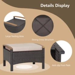 Tangkula Outdoor PE Wicker Ottoman Set Of 2 Patio Rattan Footrest Seat With Soft Cushions & Curved Acacia Wood Handles Beige/Navy Blue/Red/Off White -Tangkula GUEST 6a460e4a 5100 47f3 ac62 3096511f3399