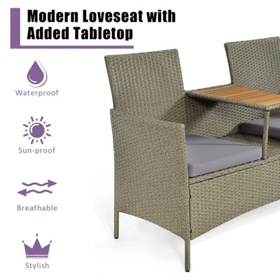 Tangkula Outdoor Patio Rattan Loveseat Sofa Double Conversation Set W/Cushion & Built-in Table 5 Tangkula Outdoor Patio Rattan Loveseat Sofa Double Conversation Set W/Cushion & Built-in Table - Image 5