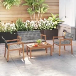 Tangkula 8 Pieces Patio Furniture Set PE Rattan Patio Bistro Set W/ Loveseat