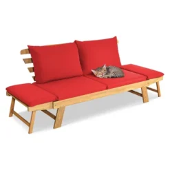 Tangkula Adjustable Patio Sofa Daybed Acacia Wood Furniture W/ Red Cushions -Tangkula GUEST 6a872867 63cf 46a2 8bc3 e6d7c95f0a1a