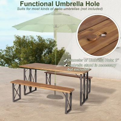 Tangkula 3 Piece Patio Picnic Table Bench Set, Outdoor Camping Table Set W/ Acacia Wood Tabletop & Seat 2” Umbrella Hole 4 Tangkula 3 Piece Patio Picnic Table Bench Set, Outdoor Camping Table Set W/ Acacia Wood Tabletop & Seat 2” Umbrella Hole - Image 4