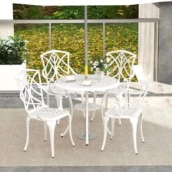 Tangkula 5 Pieces All-Weather Outdoor Cast Aluminum Dining Set Round Dining Table