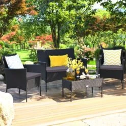 Tangkula 8PCS Rattan Furniture Set Cushioned Sofa Coffee Table Backyard Porch Patio Grey