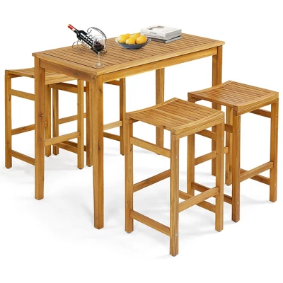 Tangkula 5 Pieces Patio Acacia Wood Bar Set Outdoor Bar Height Table & Saddle Stool Chairs Set 5 Tangkula 5 Pieces Patio Acacia Wood Bar Set Outdoor Bar Height Table & Saddle Stool Chairs Set - Image 5