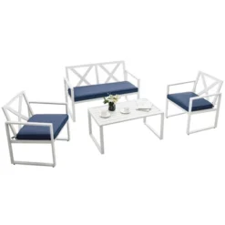 Tangkula 4PCS Patio Furniture Set Outdoor Conversation Set Metal Frame W/ Navy Cushions -Tangkula GUEST 6b84a1fe 49cd 4fc3 8e73 2b37354bc5f6