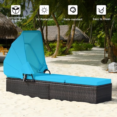 Tangkula Rattan Patio Chaise Lounge Chair W/ Adjustable Canopy Turquoise Cushion 3 Tangkula Rattan Patio Chaise Lounge Chair W/ Adjustable Canopy Turquoise Cushion - Image 3