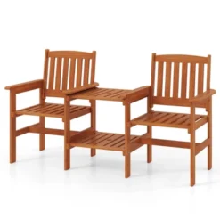 Tangkula Outdoor Wood Bench Loveseat W/ Built-in Table 1.57" Umbrella Hole For Porch -Tangkula GUEST 6c2ff614 ed06 4922 8967 3b187e9ca54a