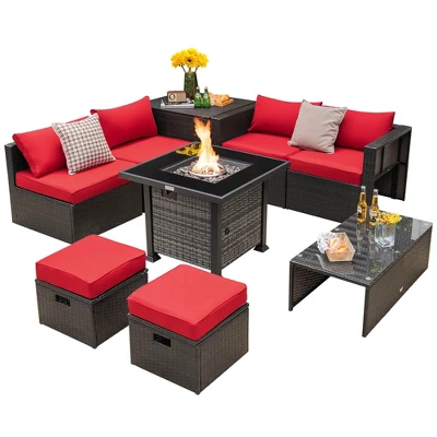 Tangkula 9 Pieces Furniture Set W/ 50,000 BTU Propane Fire Pit Table Patio Red 6 Tangkula 9 Pieces Furniture Set W/ 50,000 BTU Propane Fire Pit Table Patio Red - Image 6