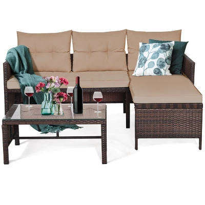 Tangkula 3PC Outdoor Furniture Set Rattan Wicker Sofa Table Deck Garden Patio 2 Tangkula 3PC Outdoor Furniture Set Rattan Wicker Sofa Table Deck Garden Patio - Image 2