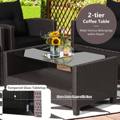 Tangkula Patio Rattan 4PCS Cushioned Chair Coffee Table Classic Furniture Set Bistro Set Single Sofa With Thick Cushion For Garden Navy/Red/Turquoise 3 Tangkula Patio Rattan 4PCS Cushioned Chair Coffee Table Classic Furniture Set Bistro Set Single Sofa With Thick Cushion For Garden Navy/Red/Turquoise - Image 3