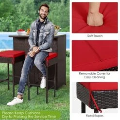 Tangkula 3PCS Patio Wicker Rattan Bar Set Table W/2 Red Cushioned Stools -Tangkula GUEST 6dd57418 8de5 4727 a6ae ed1005d30f9e 1