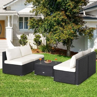 Tangkula 5PCS Patio Outdoor Rattan Sofa Conversation Set W/ Seat & Back Cushions Off White 1 Tangkula 5PCS Patio Outdoor Rattan Sofa Conversation Set W/ Seat & Back Cushions Off White