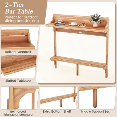 Tangkula 6 PCS Acacia Wood Balcony Table Set W/ Shelf Footrest Curved Wood Seat 6 Tangkula 6 PCS Acacia Wood Balcony Table Set W/ Shelf Footrest Curved Wood Seat - Image 6