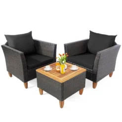 Tangkula 3PCS Patio Furniture Set Conversation Bistro Set W/ Acacia Wood & Cushions Black -Tangkula GUEST 6df85014 13af 4396 b4dc 72acffceb18b